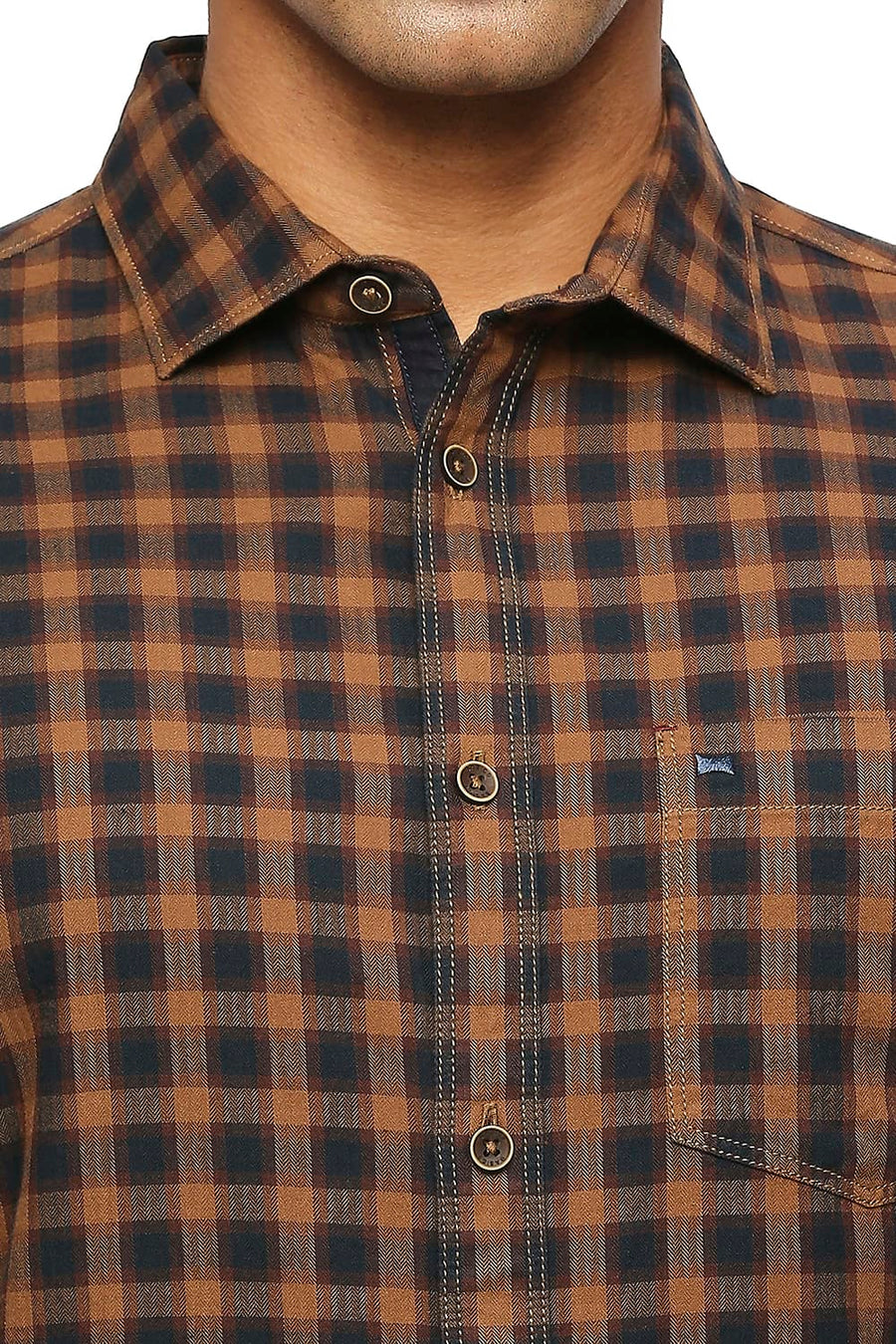 BASICS SLIM FIT VINTAGE KHAKI COTTON TWILL CHECKS SHIRT