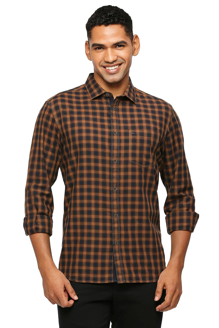 BASICS SLIM FIT VINTAGE KHAKI COTTON TWILL CHECKS SHIRT