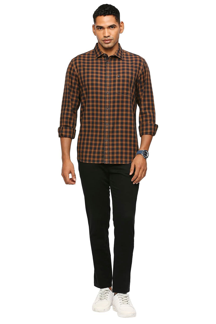 BASICS SLIM FIT VINTAGE KHAKI COTTON TWILL CHECKS SHIRT