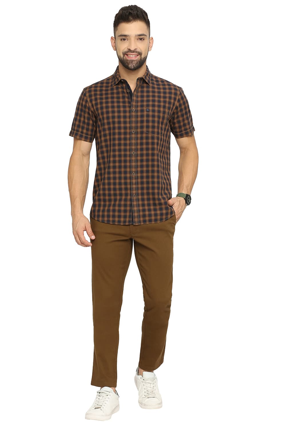 BASICS SLIM FIT COTTON TWILL CHECKS HALFSLEEVES SHIRT