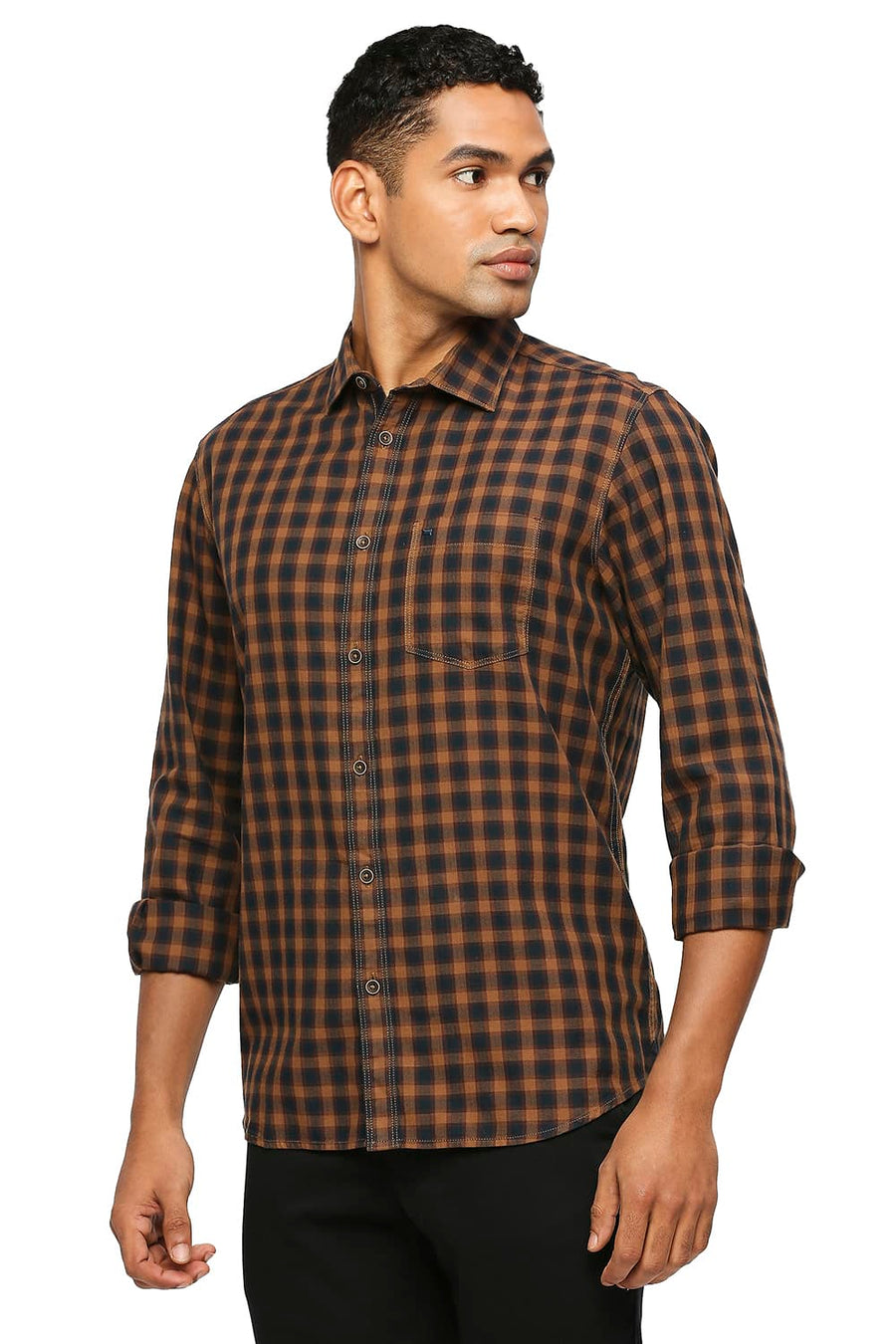 BASICS SLIM FIT VINTAGE KHAKI COTTON TWILL CHECKS SHIRT