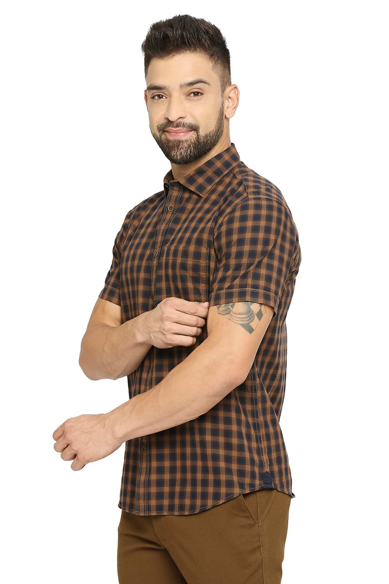 BASICS SLIM FIT COTTON TWILL CHECKS HALFSLEEVES SHIRT