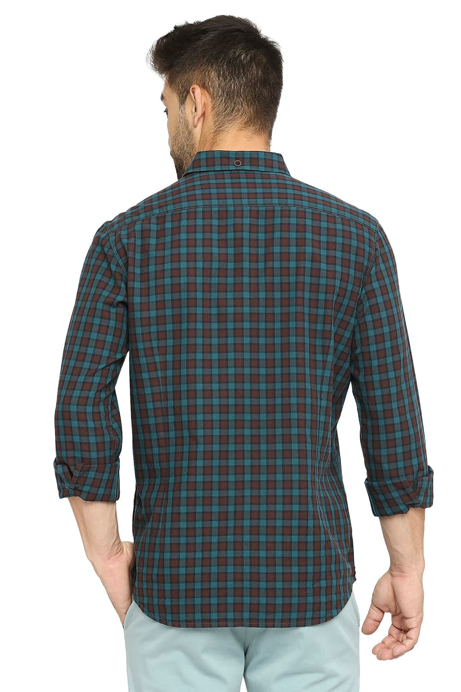 BASICS SLIM FIT WATERFALL TURQUOISE COTTON TWILL CHECKS SHIRT
