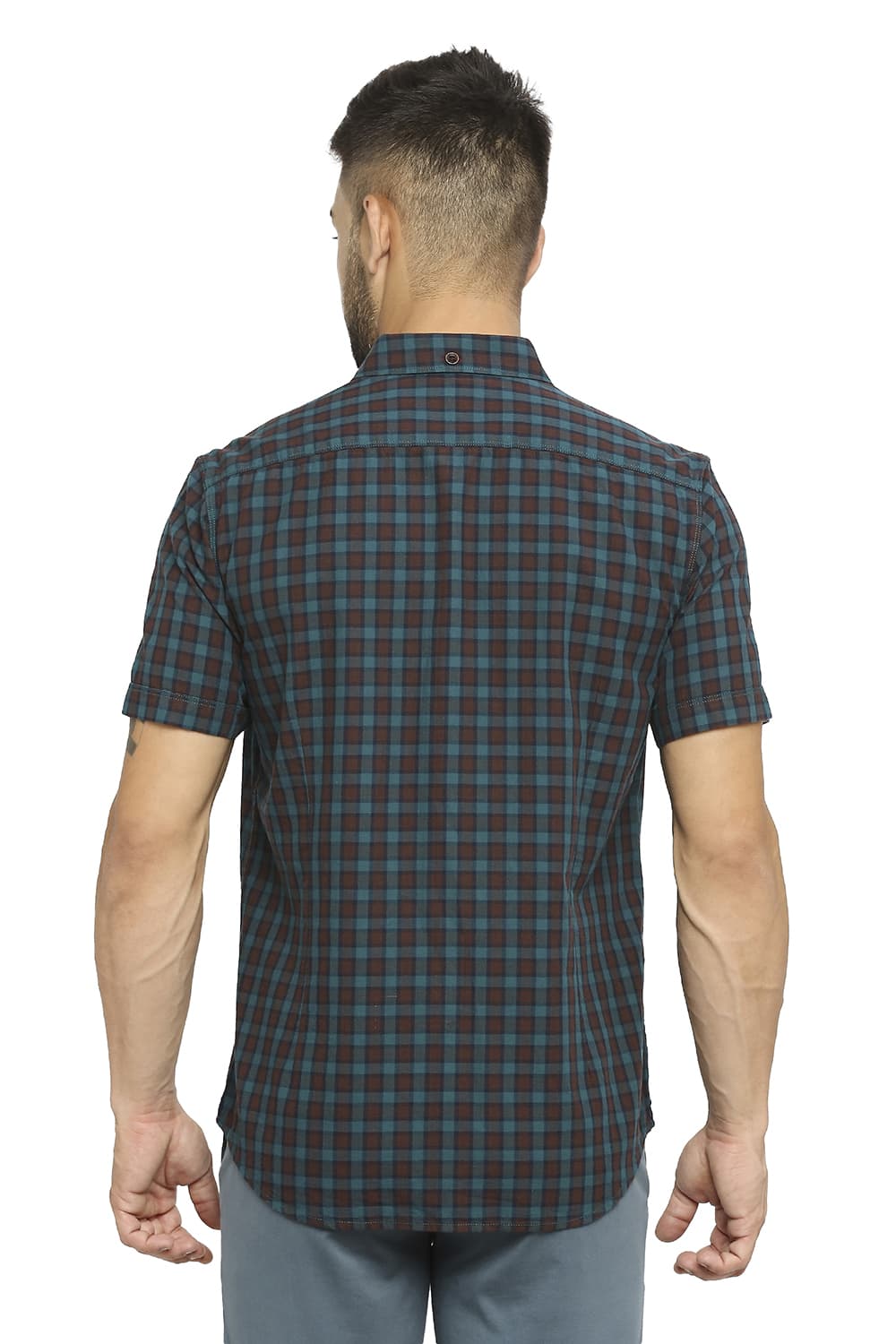 BASICS SLIM FIT COTTON TWILL CHECKS HALFSLEEVES SHIRT