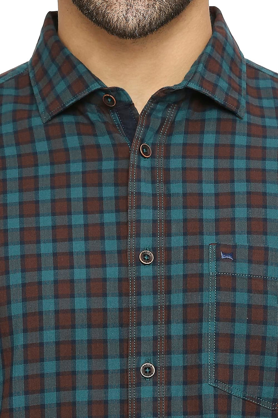 BASICS SLIM FIT WATERFALL TURQUOISE COTTON TWILL CHECKS SHIRT