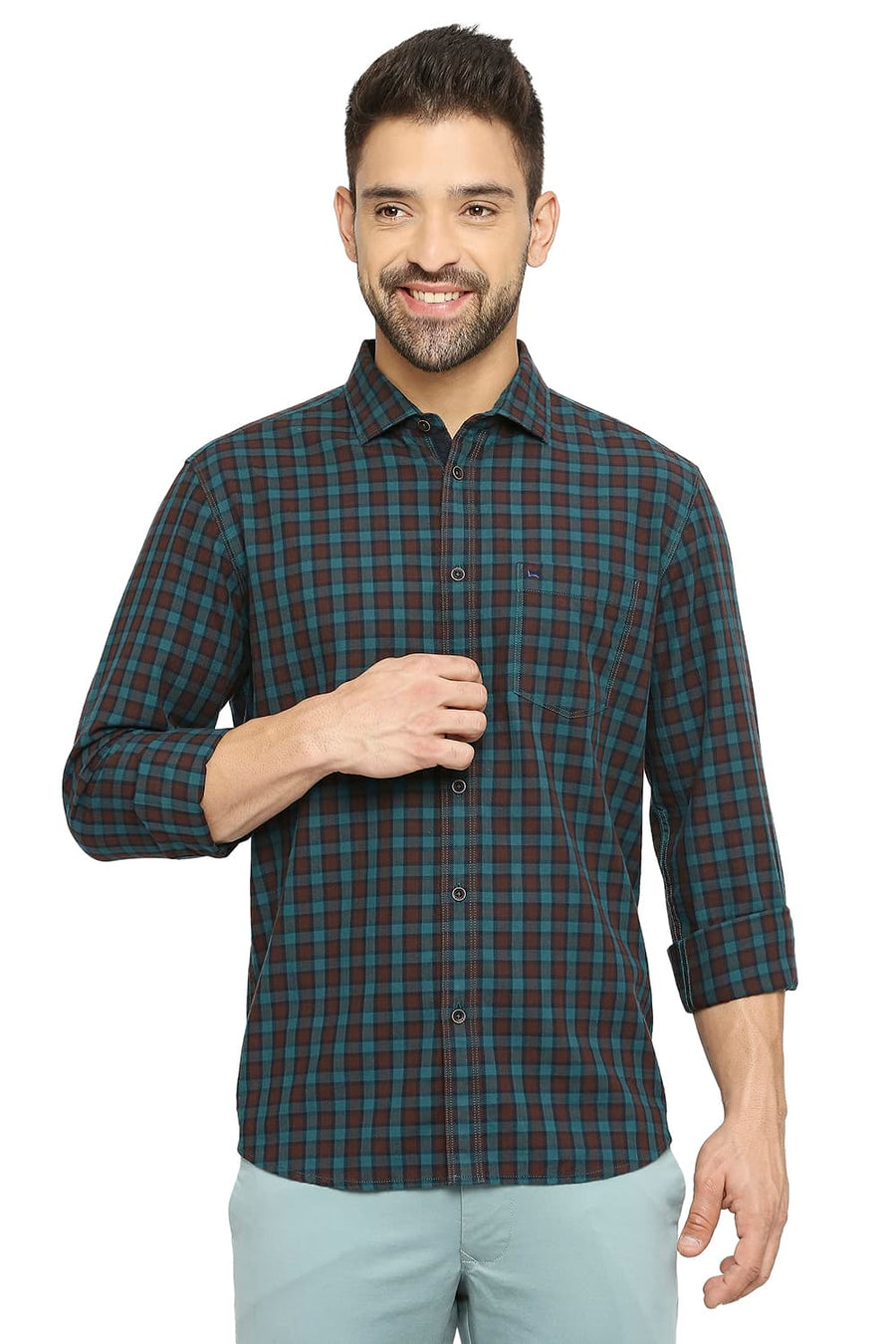 BASICS SLIM FIT WATERFALL TURQUOISE COTTON TWILL CHECKS SHIRT