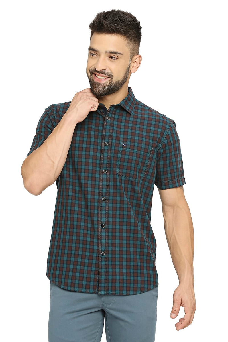 BASICS SLIM FIT COTTON TWILL CHECKS HALFSLEEVES SHIRT