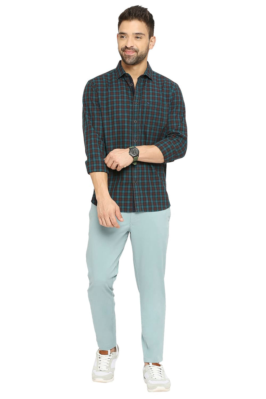 BASICS SLIM FIT WATERFALL TURQUOISE COTTON TWILL CHECKS SHIRT