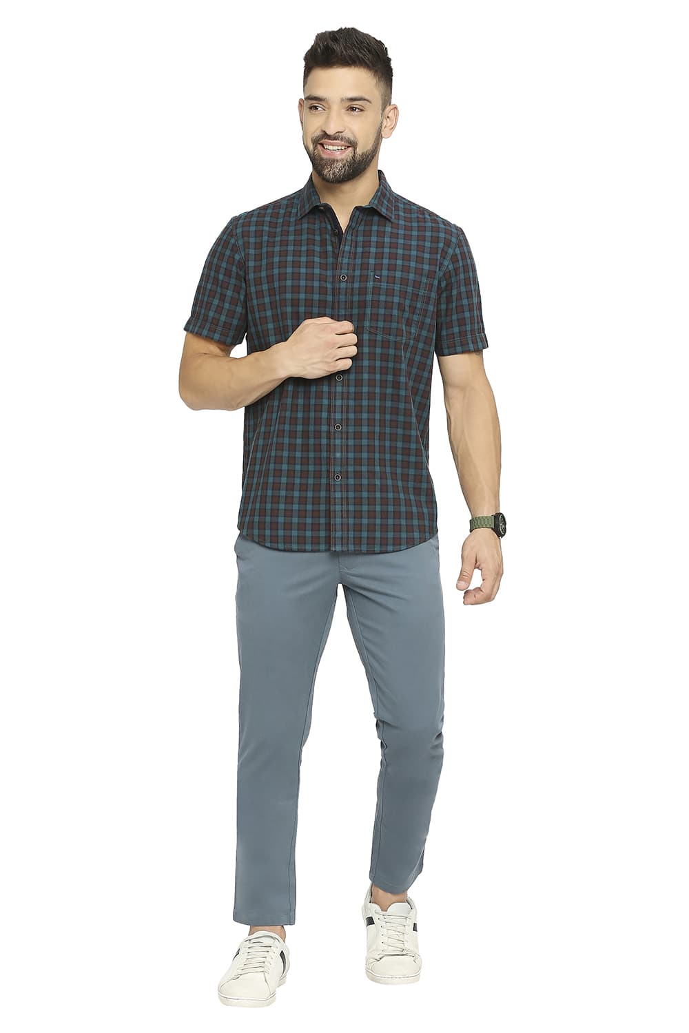 BASICS SLIM FIT COTTON TWILL CHECKS HALFSLEEVES SHIRT