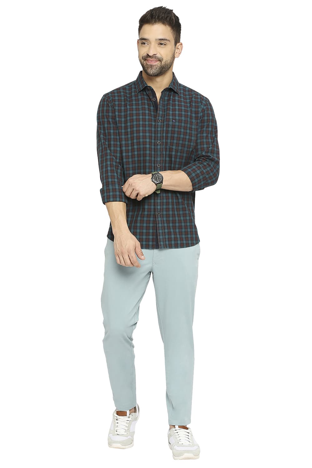 BASICS SLIM FIT COTTON TWILL CHECKS SHIRT