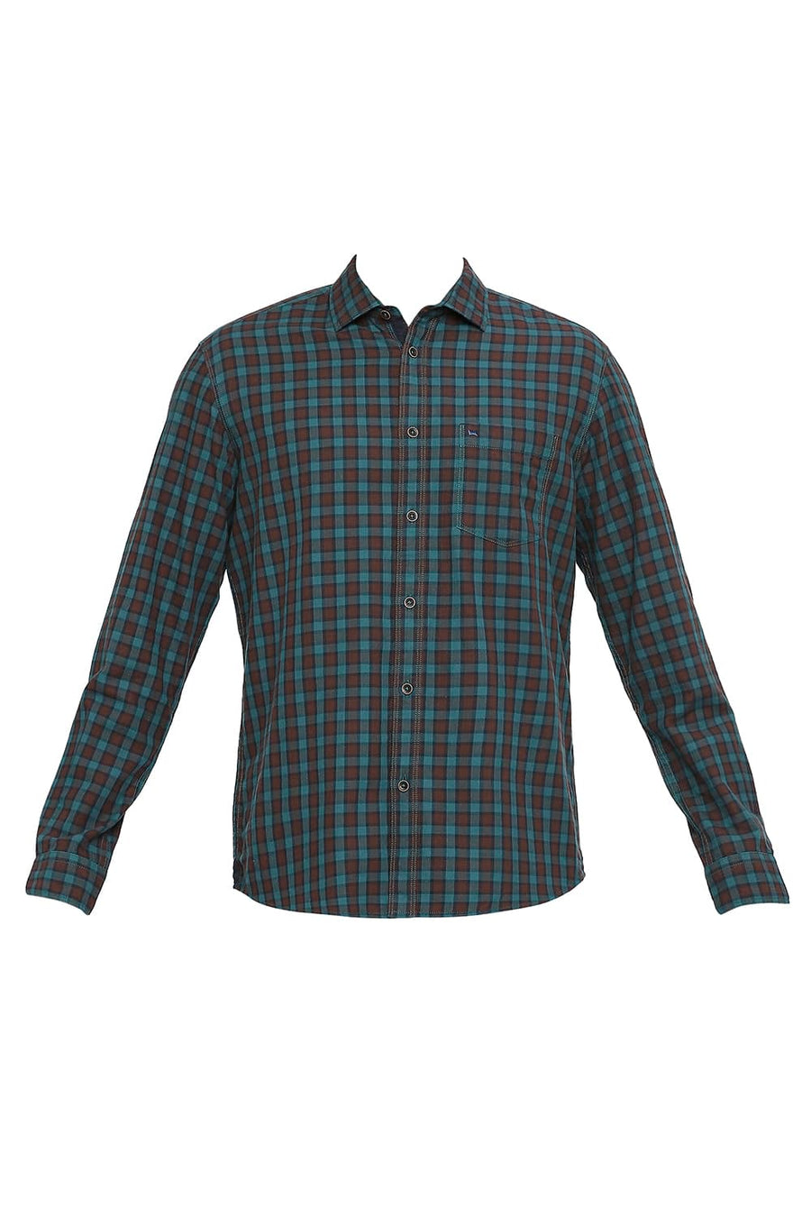 BASICS SLIM FIT WATERFALL TURQUOISE COTTON TWILL CHECKS SHIRT