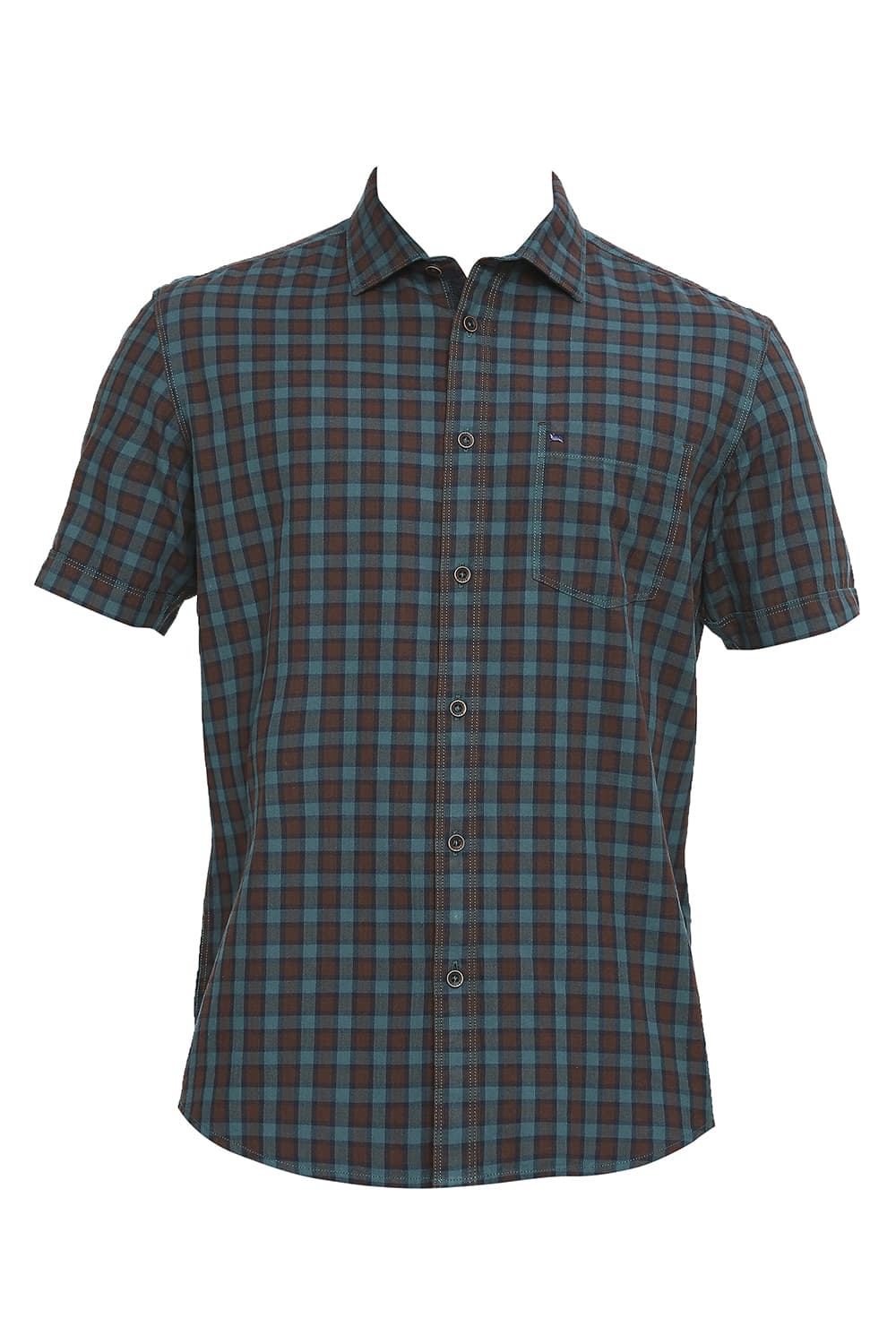 BASICS SLIM FIT COTTON TWILL CHECKS HALFSLEEVES SHIRT