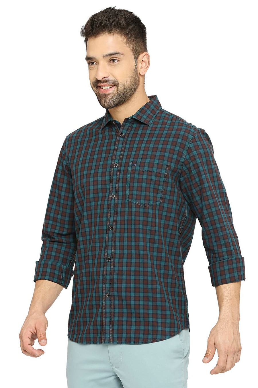 BASICS SLIM FIT WATERFALL TURQUOISE COTTON TWILL CHECKS SHIRT