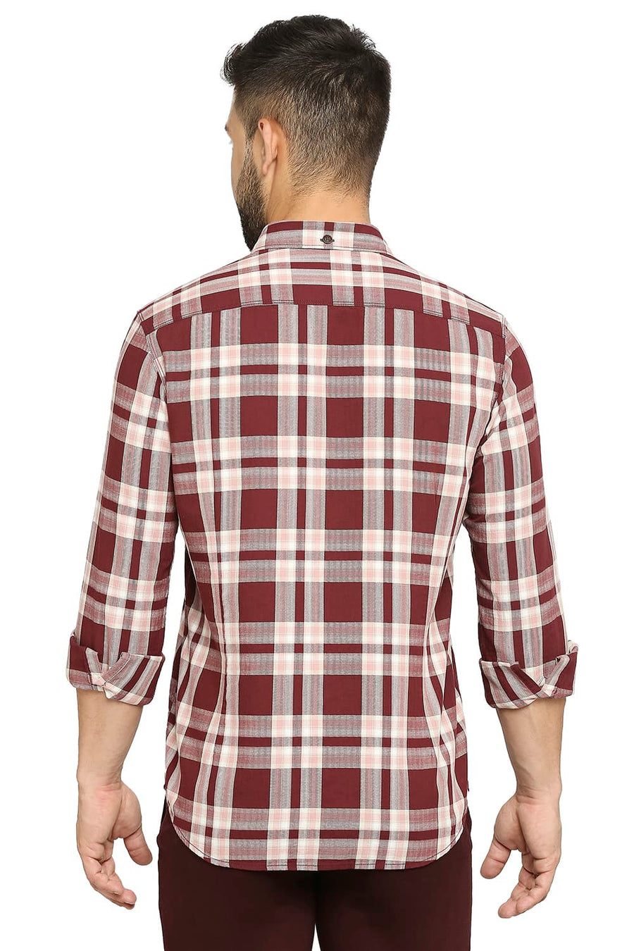 BASICS SLIM FIT DECADENT MAROON COTTON TWILL CHECKS SHIRT
