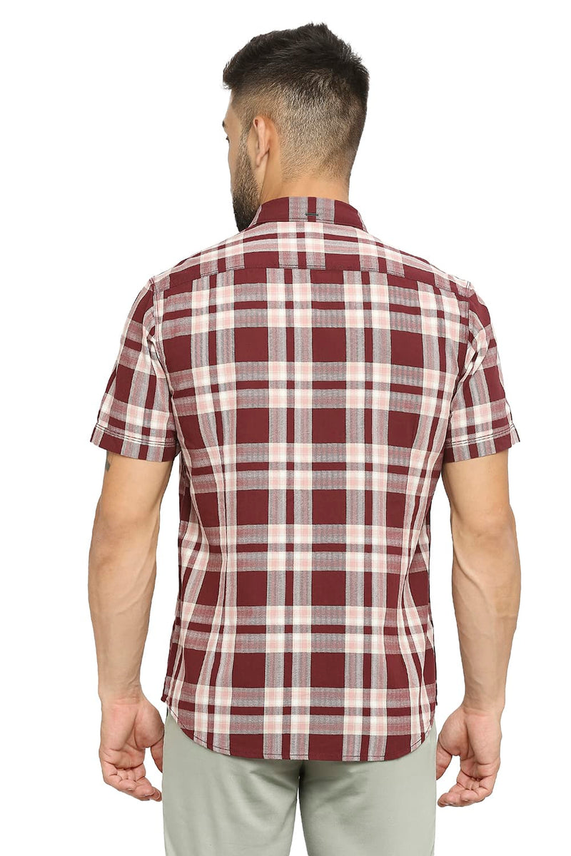 BASICS SLIM FIT COTTON TWILL CHECKS HALFSLEEVES SHIRT