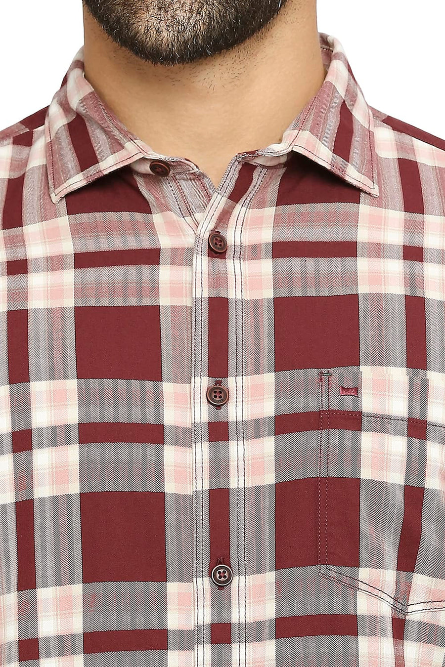 BASICS SLIM FIT DECADENT MAROON COTTON TWILL CHECKS SHIRT
