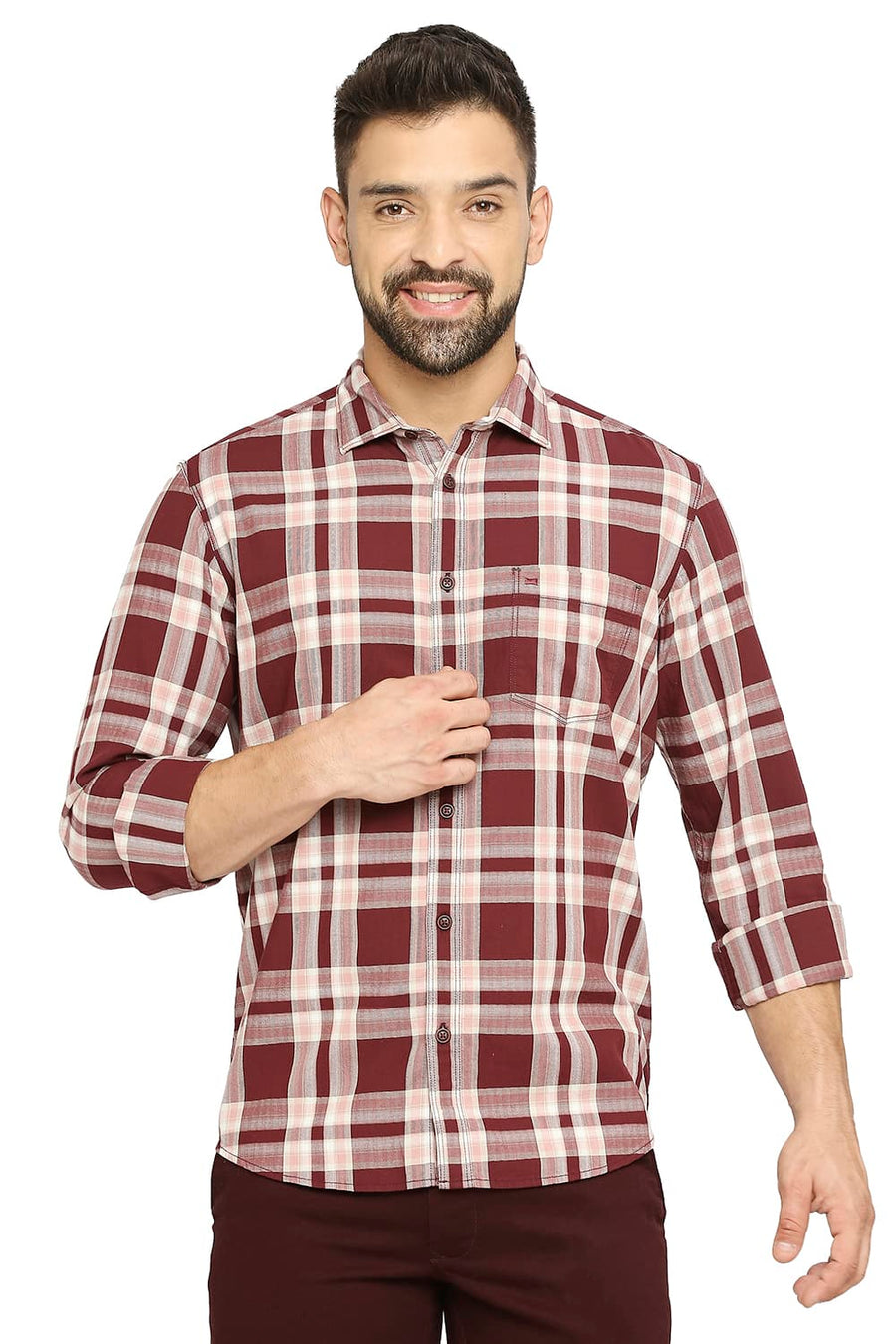 BASICS SLIM FIT DECADENT MAROON COTTON TWILL CHECKS SHIRT