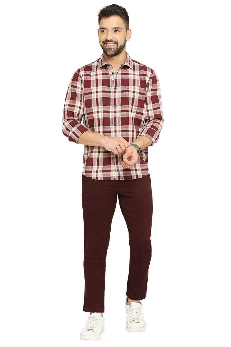 BASICS SLIM FIT DECADENT MAROON COTTON TWILL CHECKS SHIRT