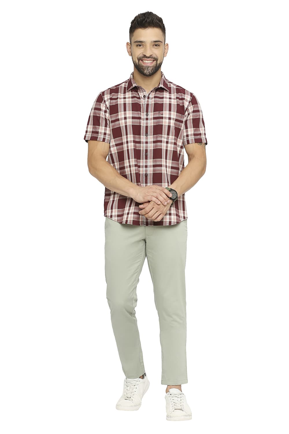 BASICS SLIM FIT COTTON TWILL CHECKS HALFSLEEVES SHIRT