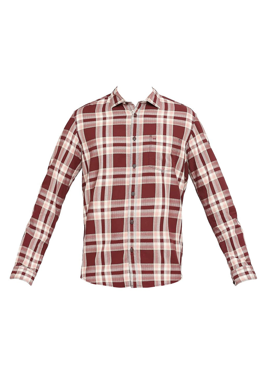 BASICS SLIM FIT DECADENT MAROON COTTON TWILL CHECKS SHIRT