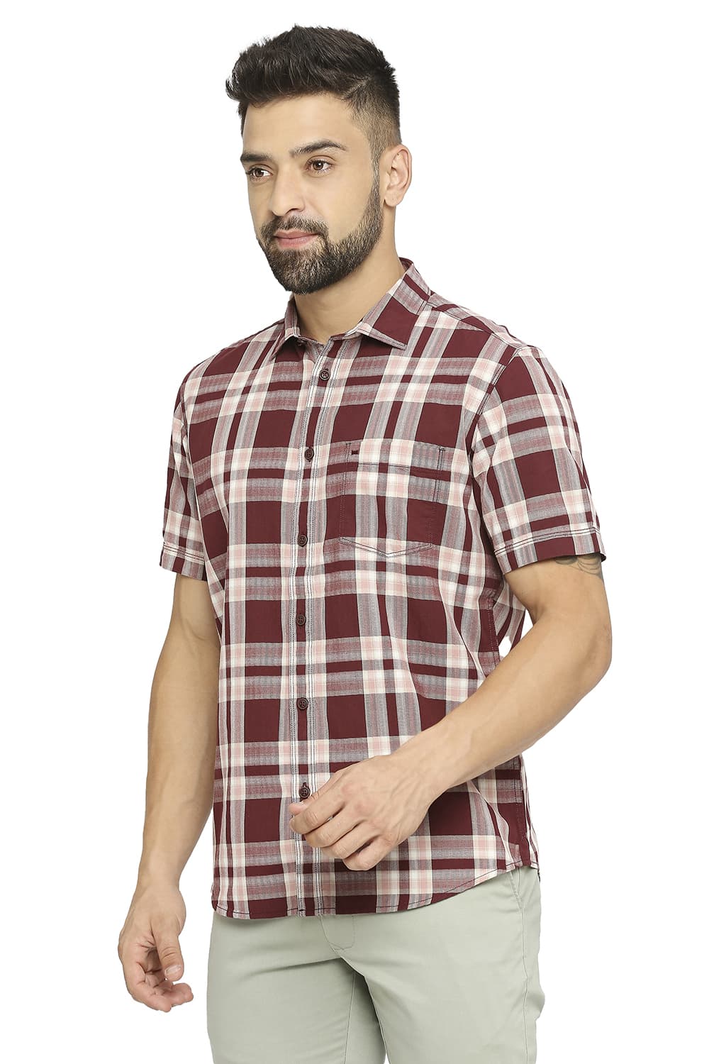 BASICS SLIM FIT COTTON TWILL CHECKS HALFSLEEVES SHIRT