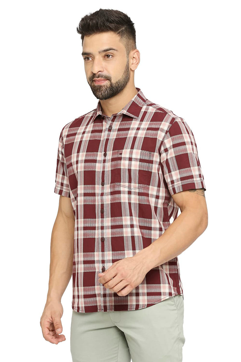 BASICS SLIM FIT COTTON TWILL CHECKS HALFSLEEVES SHIRT