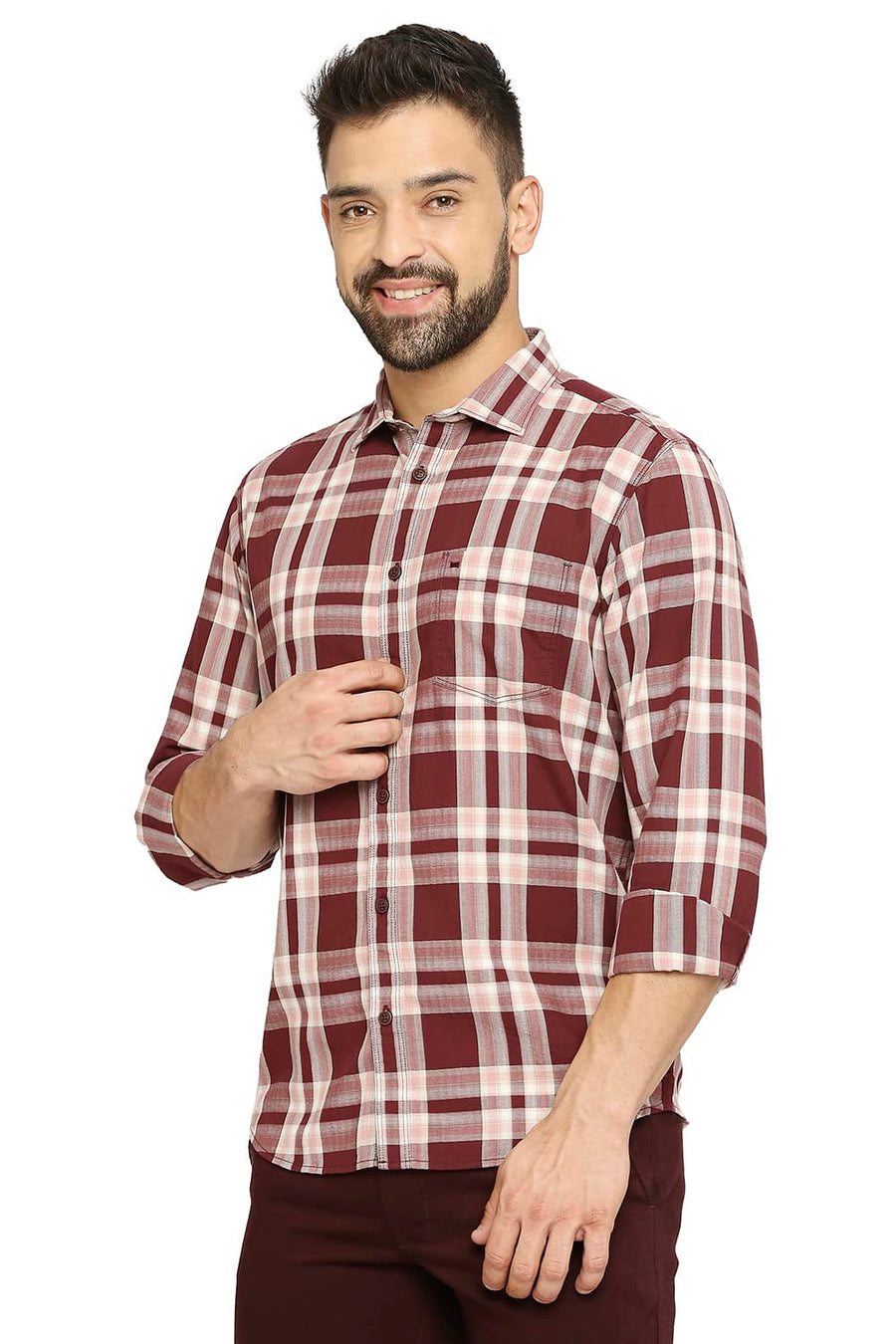 BASICS SLIM FIT DECADENT MAROON COTTON TWILL CHECKS SHIRT