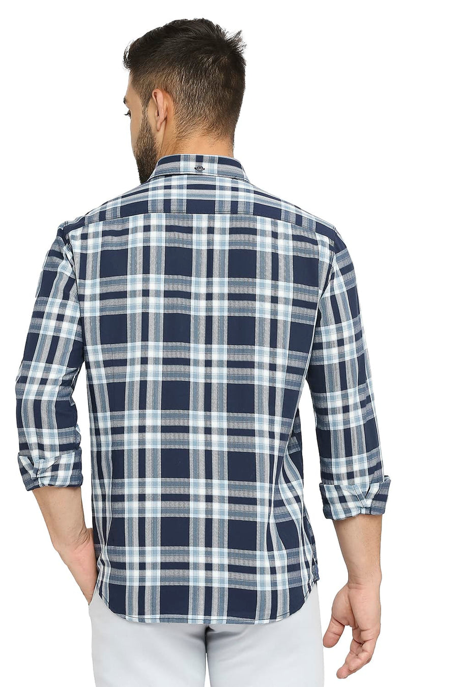 BASICS SLIM FIT STELLAR NAVY COTTON TWILL CHECKS SHIRT