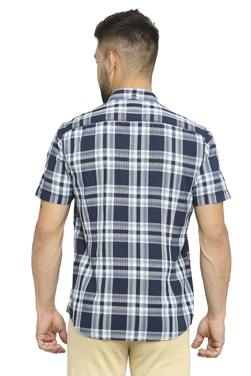 BASICS SLIM FIT COTTON TWILL CHECKS HALFSLEEVES SHIRT