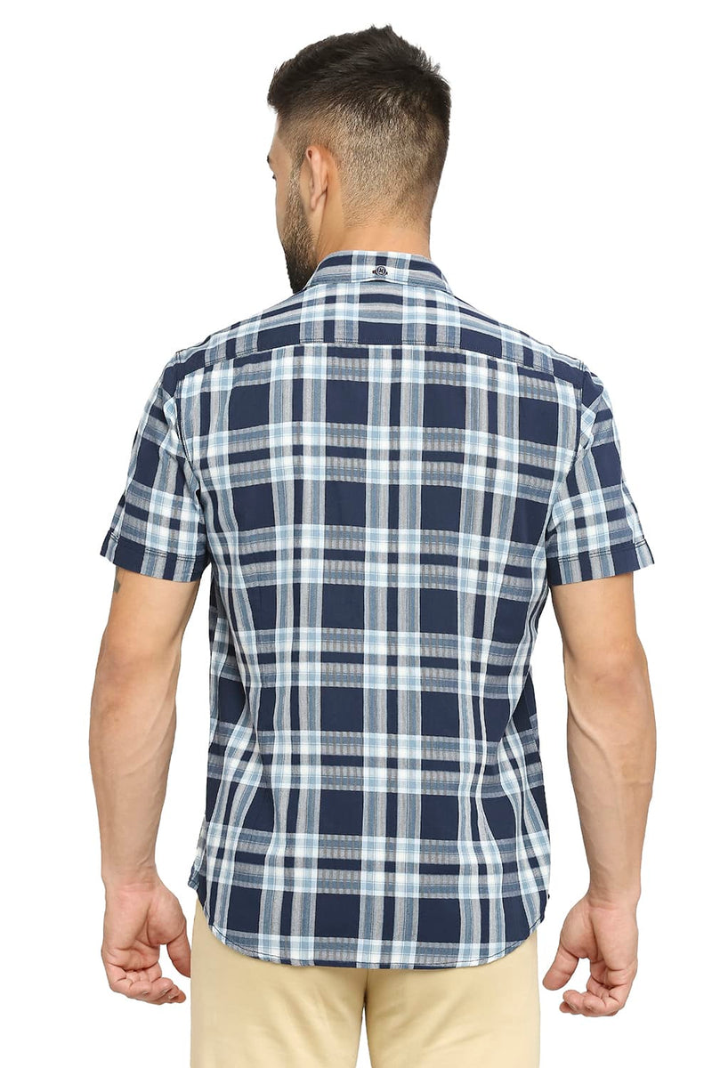 BASICS SLIM FIT COTTON TWILL CHECKS HALFSLEEVES SHIRT