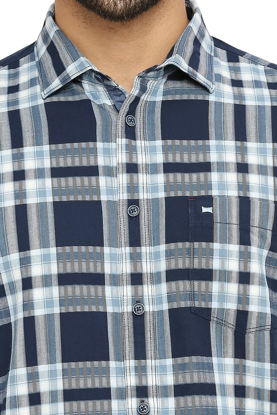 BASICS SLIM FIT STELLAR NAVY COTTON TWILL CHECKS SHIRT