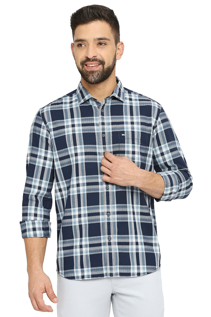BASICS SLIM FIT STELLAR NAVY COTTON TWILL CHECKS SHIRT
