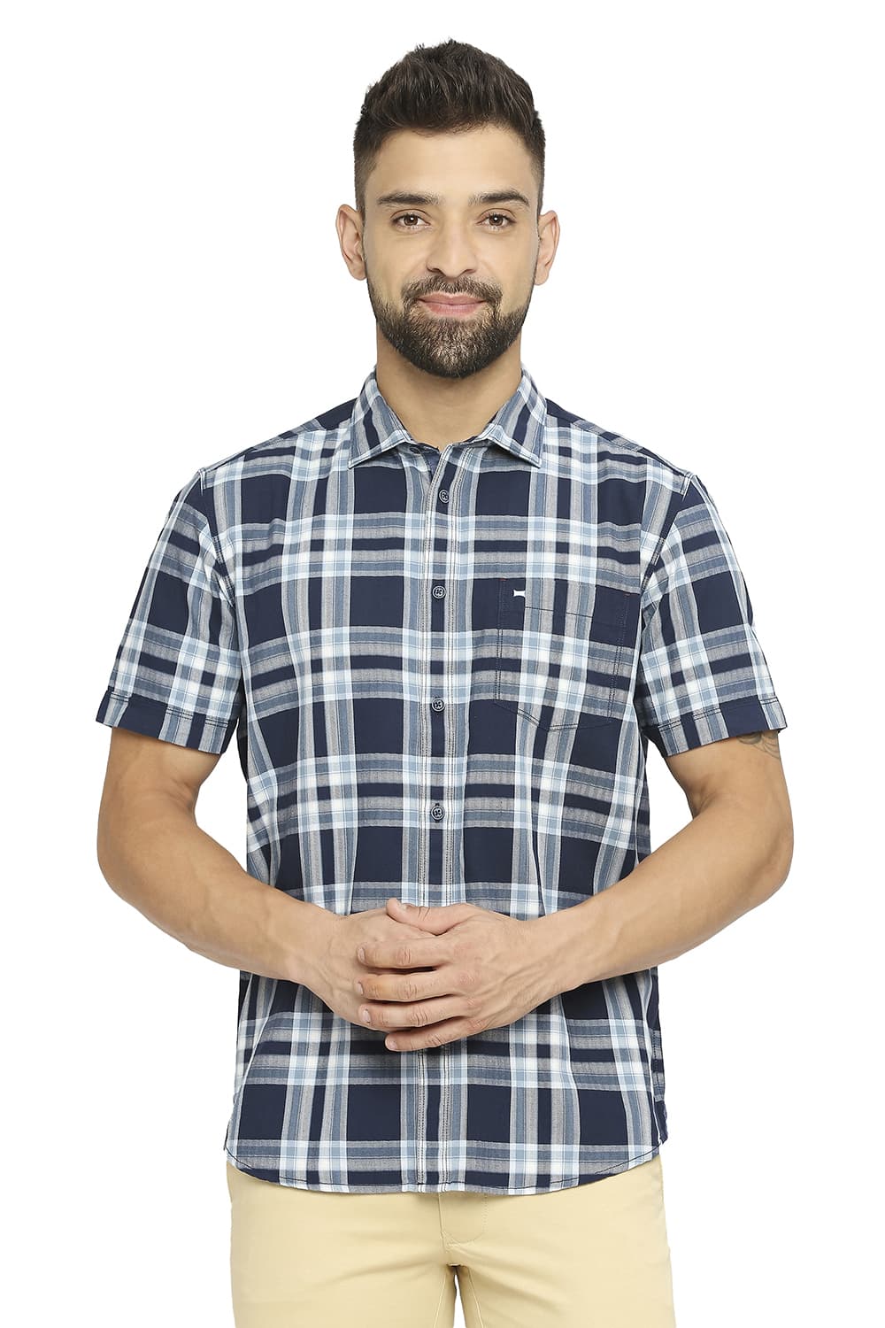 BASICS SLIM FIT COTTON TWILL CHECKS HALFSLEEVES SHIRT