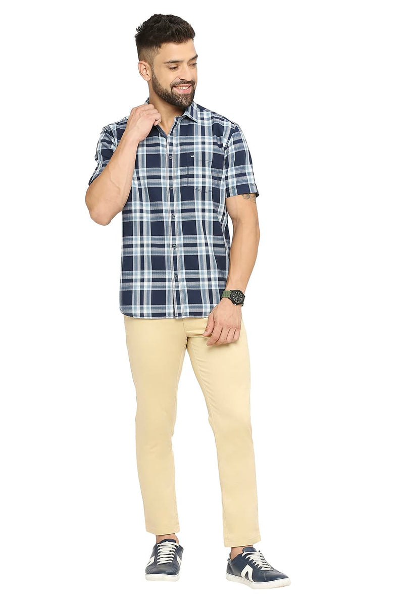 BASICS SLIM FIT COTTON TWILL CHECKS HALFSLEEVES SHIRT