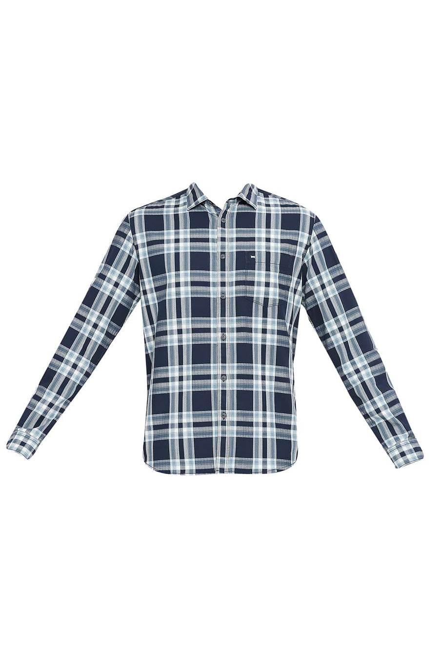 BASICS SLIM FIT STELLAR NAVY COTTON TWILL CHECKS SHIRT