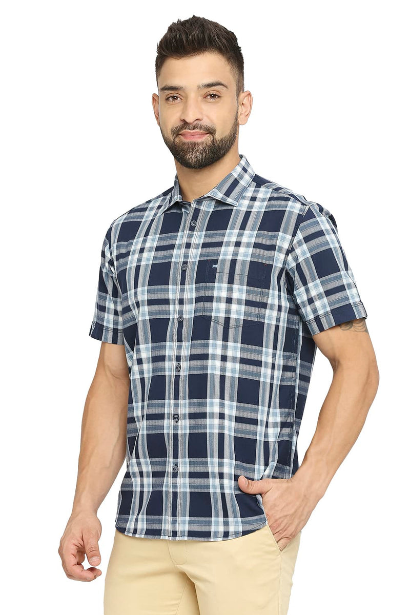 BASICS SLIM FIT COTTON TWILL CHECKS HALFSLEEVES SHIRT