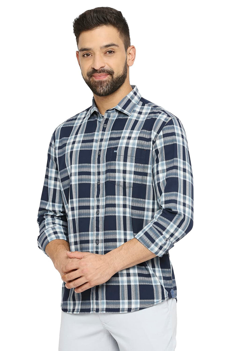 BASICS SLIM FIT STELLAR NAVY COTTON TWILL CHECKS SHIRT