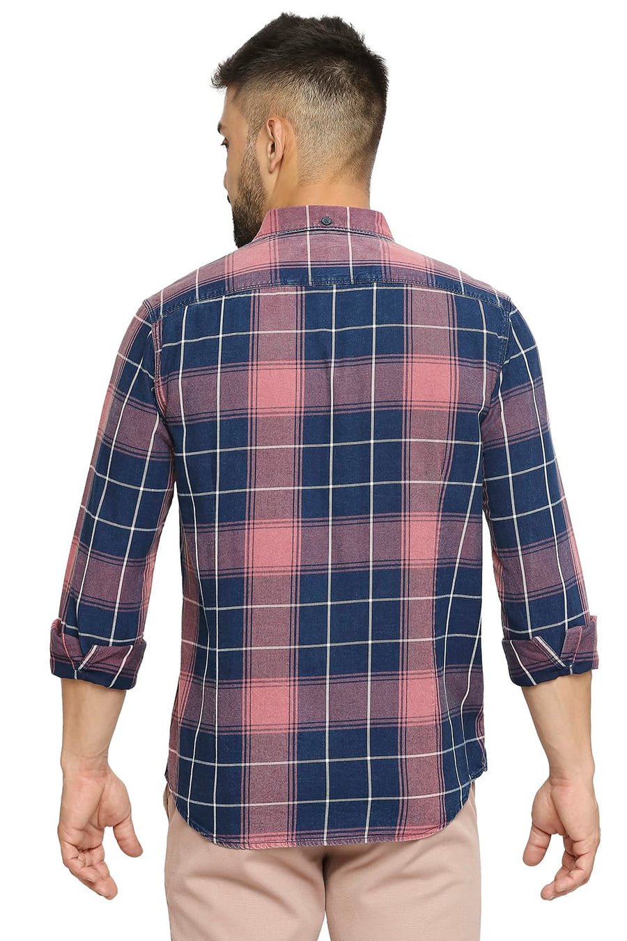 BASICS SLIM FIT TIBETAN RED COTTON INDIGO TWILL CHECKS SHIRT