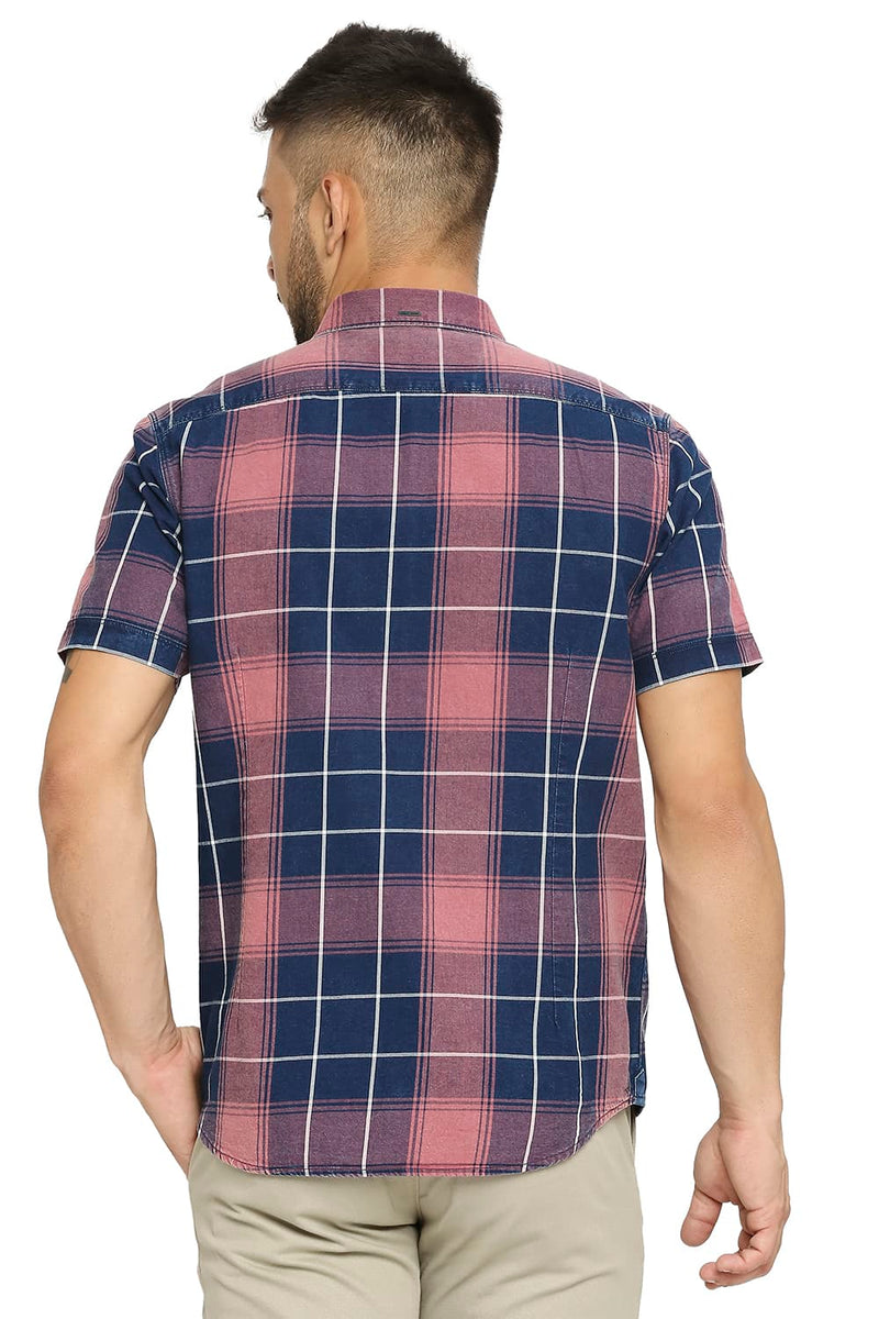 BASICS SLIM FIT COTTON INDIGO TWILL CHECKS HALFSLEEVES SHIRT