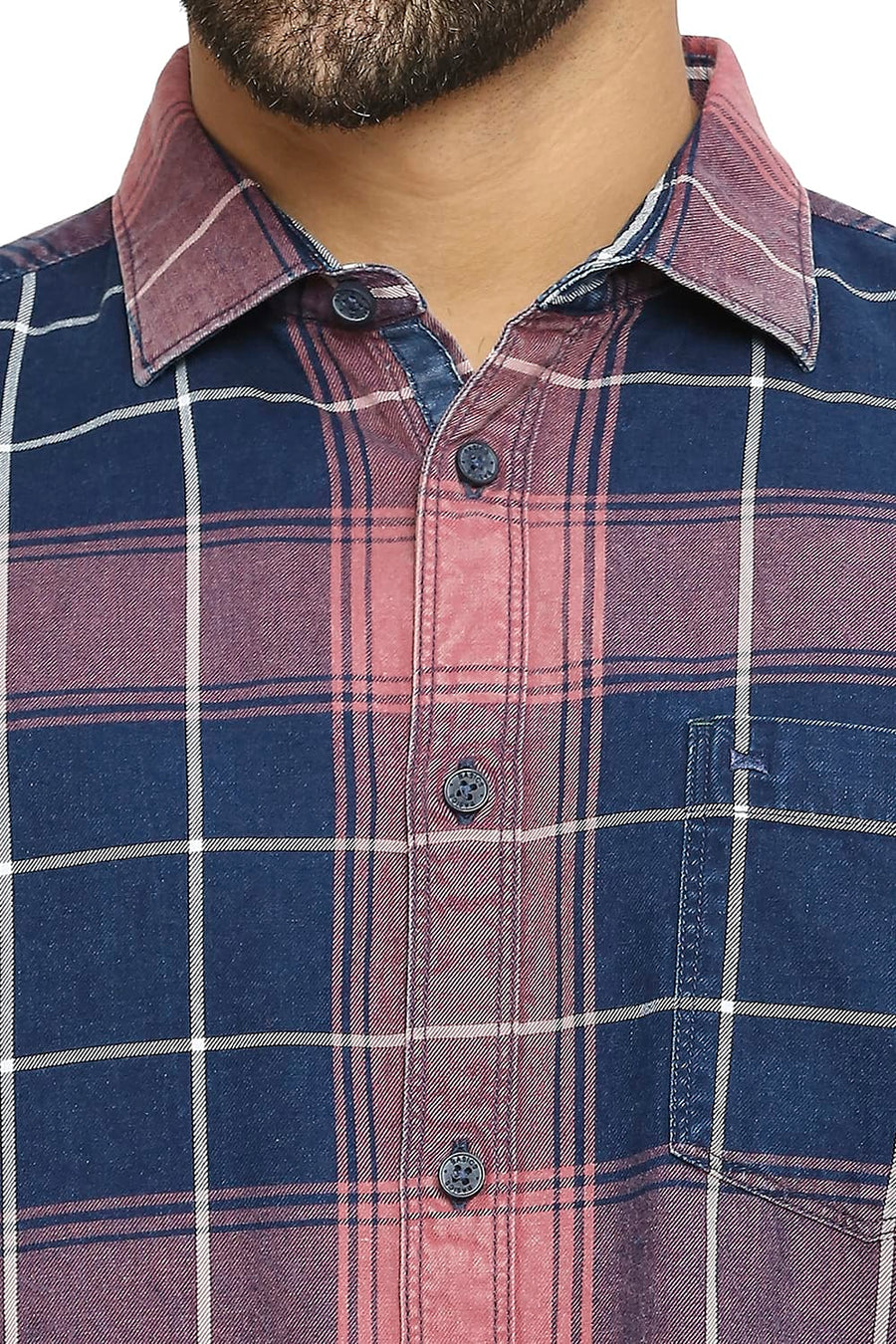 BASICS SLIM FIT TIBETAN RED COTTON INDIGO TWILL CHECKS SHIRT