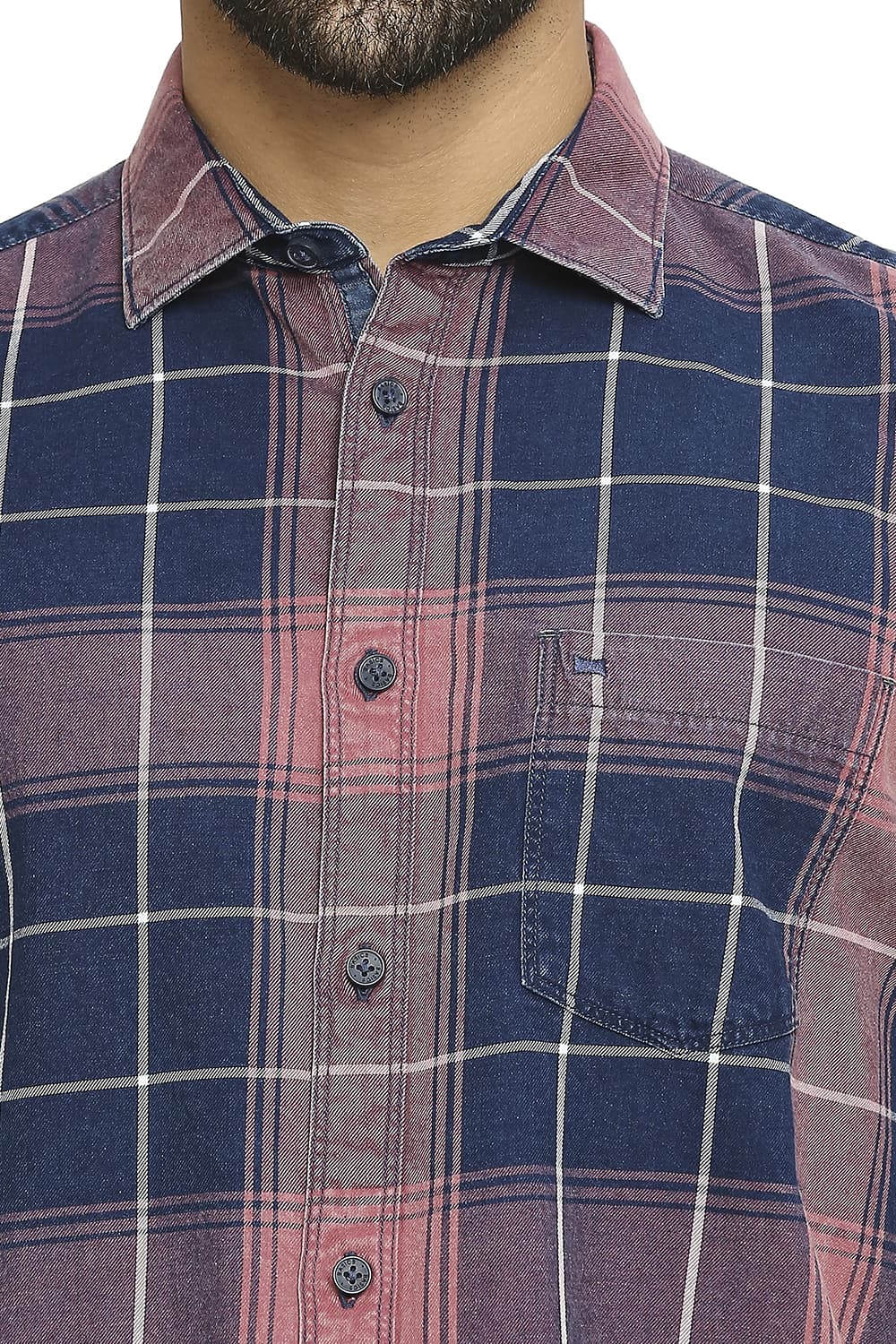 BASICS SLIM FIT COTTON INDIGO TWILL CHECKS HALFSLEEVES SHIRT