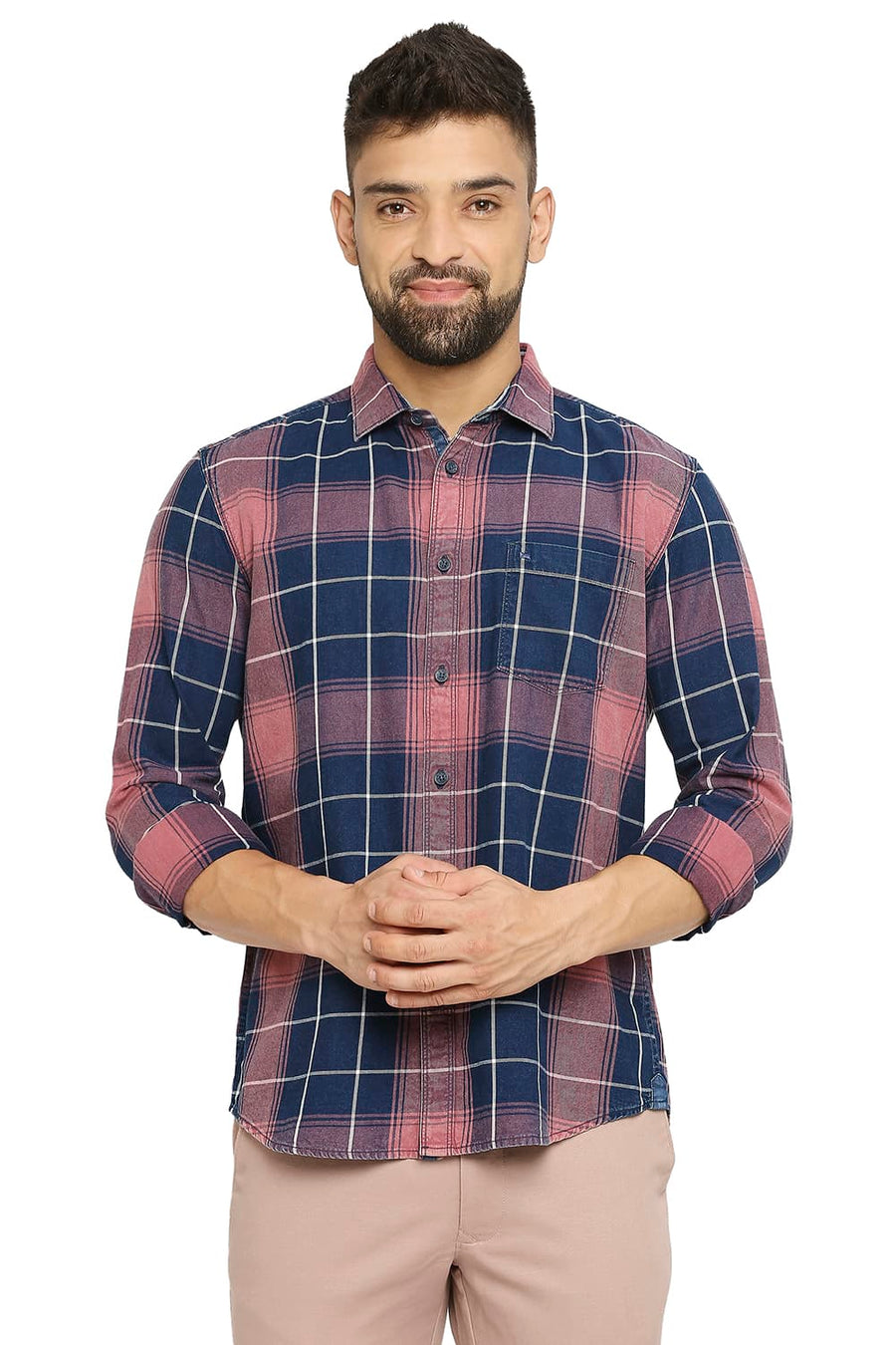 BASICS SLIM FIT TIBETAN RED COTTON INDIGO TWILL CHECKS SHIRT