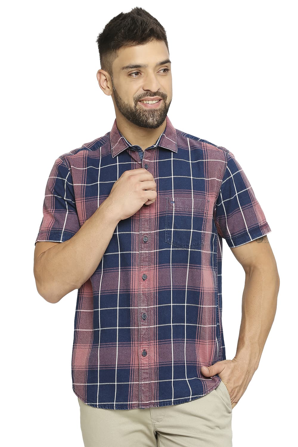 BASICS SLIM FIT COTTON INDIGO TWILL CHECKS SHIRT