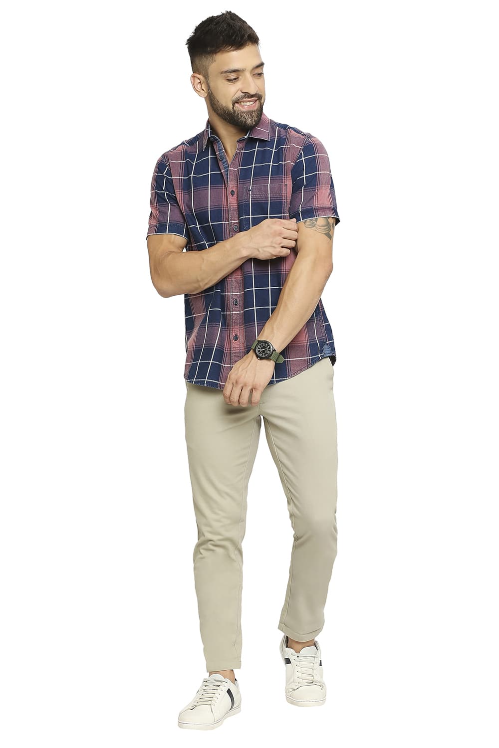 BASICS SLIM FIT COTTON INDIGO TWILL CHECKS HALFSLEEVES SHIRT