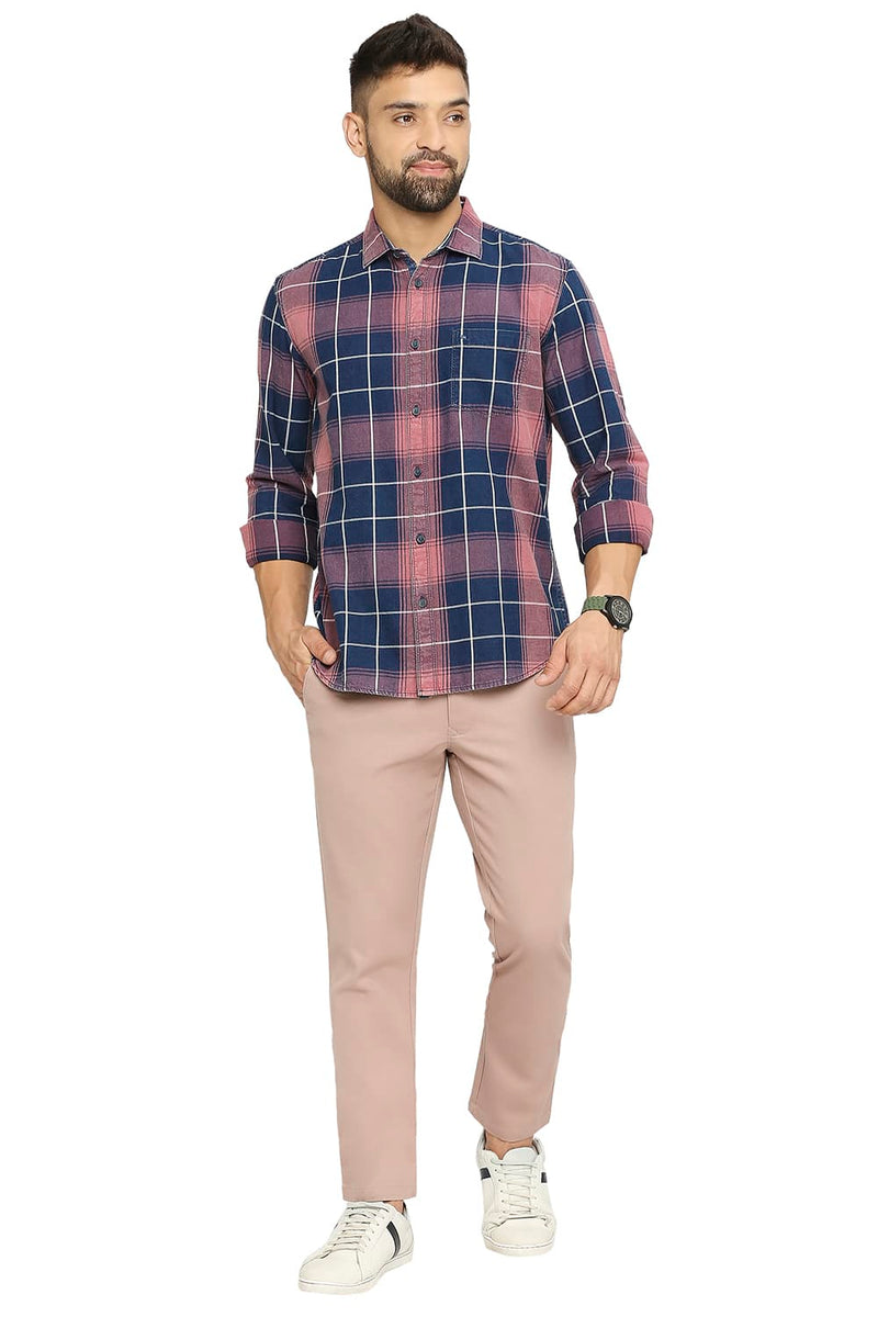 BASICS SLIM FIT COTTON INDIGO TWILL CHECKS SHIRT