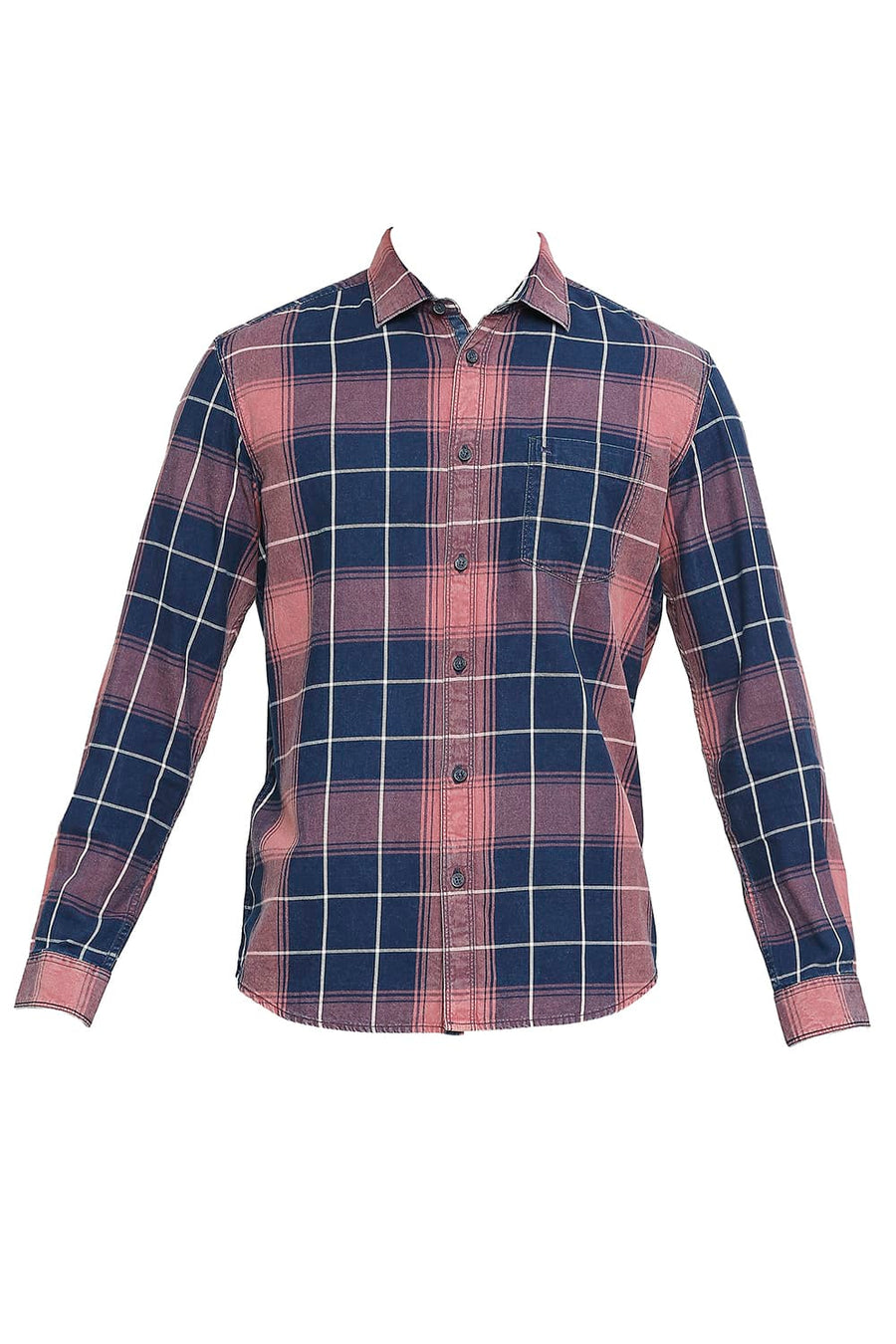 BASICS SLIM FIT TIBETAN RED COTTON INDIGO TWILL CHECKS SHIRT