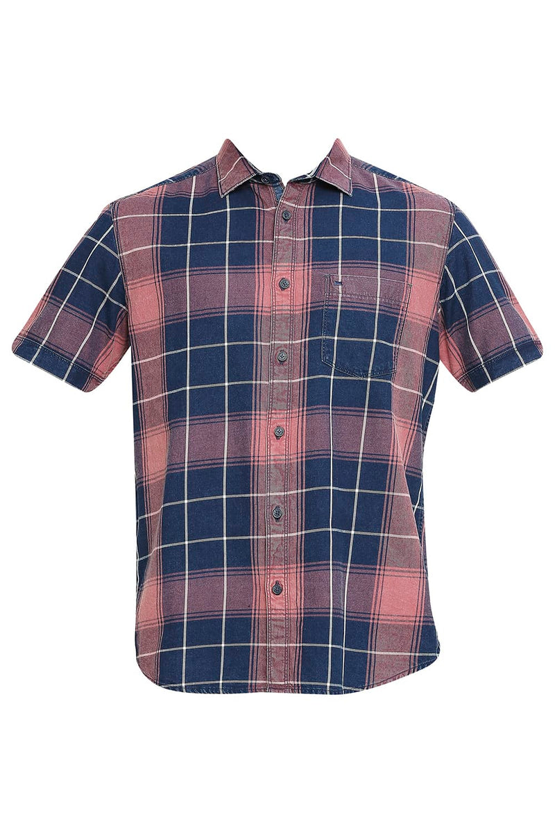 BASICS SLIM FIT COTTON INDIGO TWILL CHECKS HALFSLEEVES SHIRT