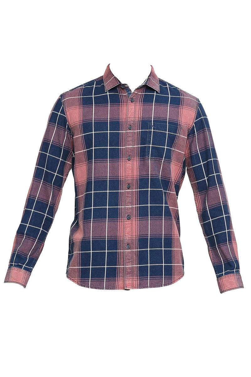 BASICS SLIM FIT COTTON INDIGO TWILL CHECKS SHIRT