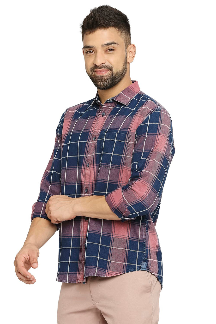 BASICS SLIM FIT TIBETAN RED COTTON INDIGO TWILL CHECKS SHIRT