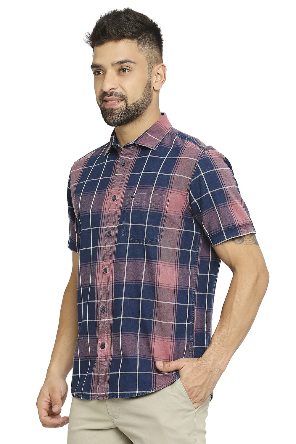 BASICS SLIM FIT COTTON INDIGO TWILL CHECKS HALFSLEEVES SHIRT